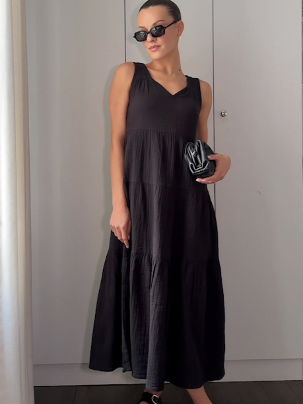 NWT Quince Women's Black Organic Cotton Gauze Tiered Maxi Dress XL - Picture 2 of 5